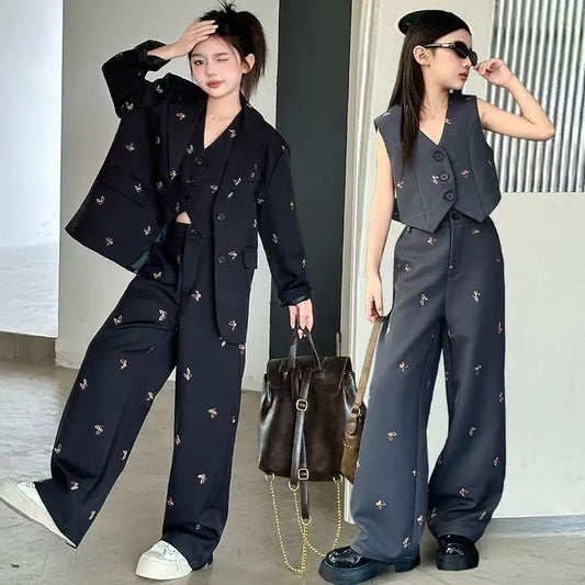 Girls Suit Fashion Butterfly Embroidery Blazers Trousers Vest 3-piece Spring School Kids Clothing Set Teen Child Formal Uniform