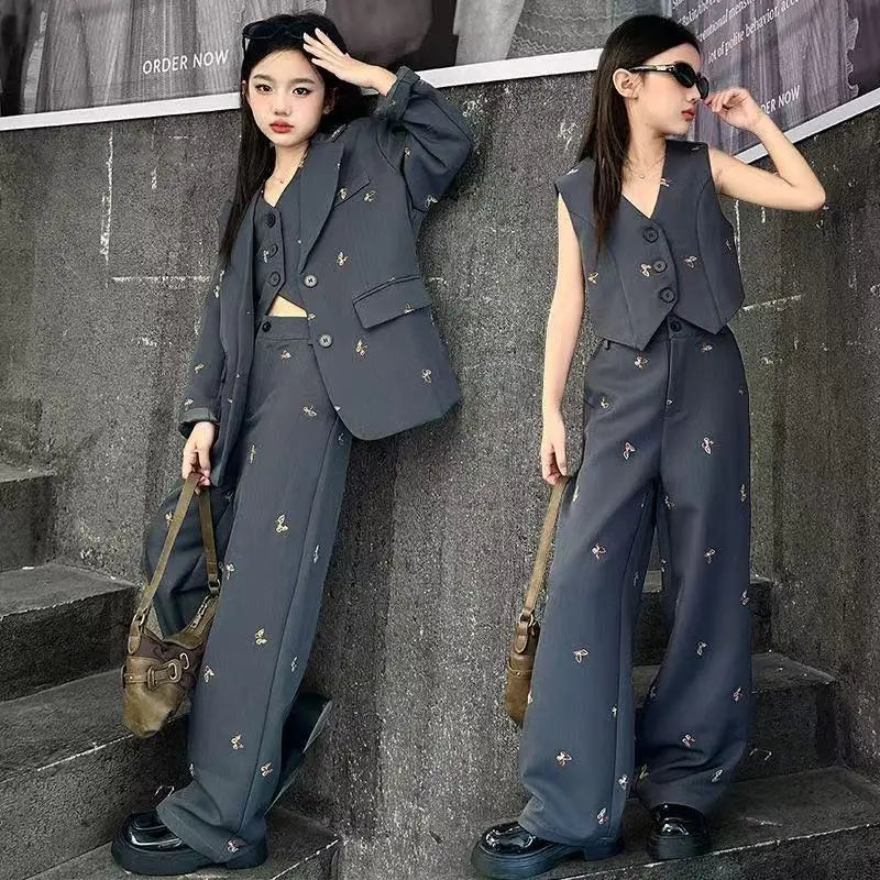 Girls Suit Fashion Butterfly Embroidery Blazers Trousers Vest 3-piece Spring School Kids Clothing Set Teen Child Formal Uniform