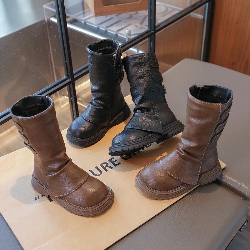 Girls Mid-calf Boots Fashion Children Long Boots Simple Thick Bottom Classic Kids Catwalk Leather Boots 2025 Winter New
