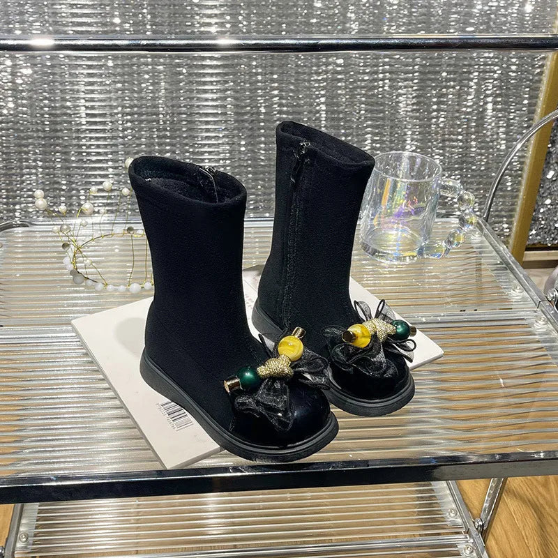 Girls Boots 2023 Winter Toddler Kids Fashion Chelsea Princess Middle Calf Boots Children Bowtie Shoes Brand Warm Fur Soft Sole