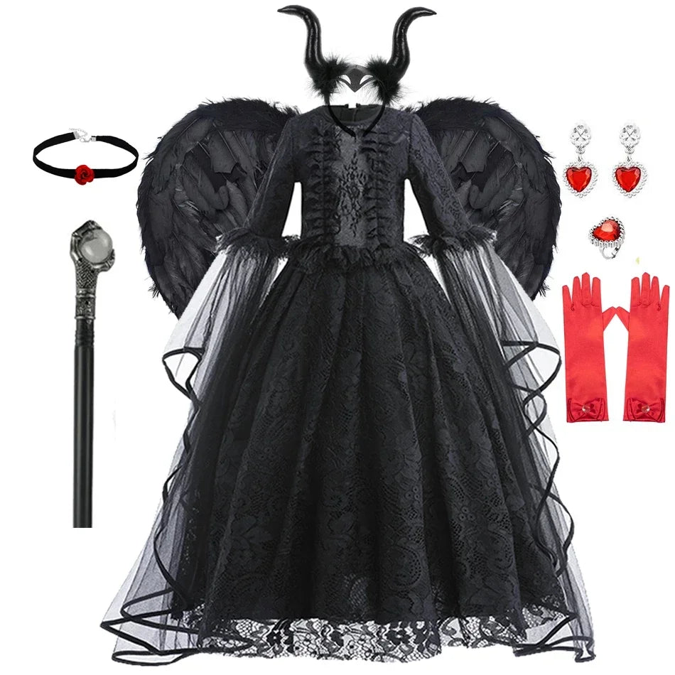 Black Witch Dress Maleficent Halloween Costume Dress Ghost Bride Dress Up Outfit Costume For Kids