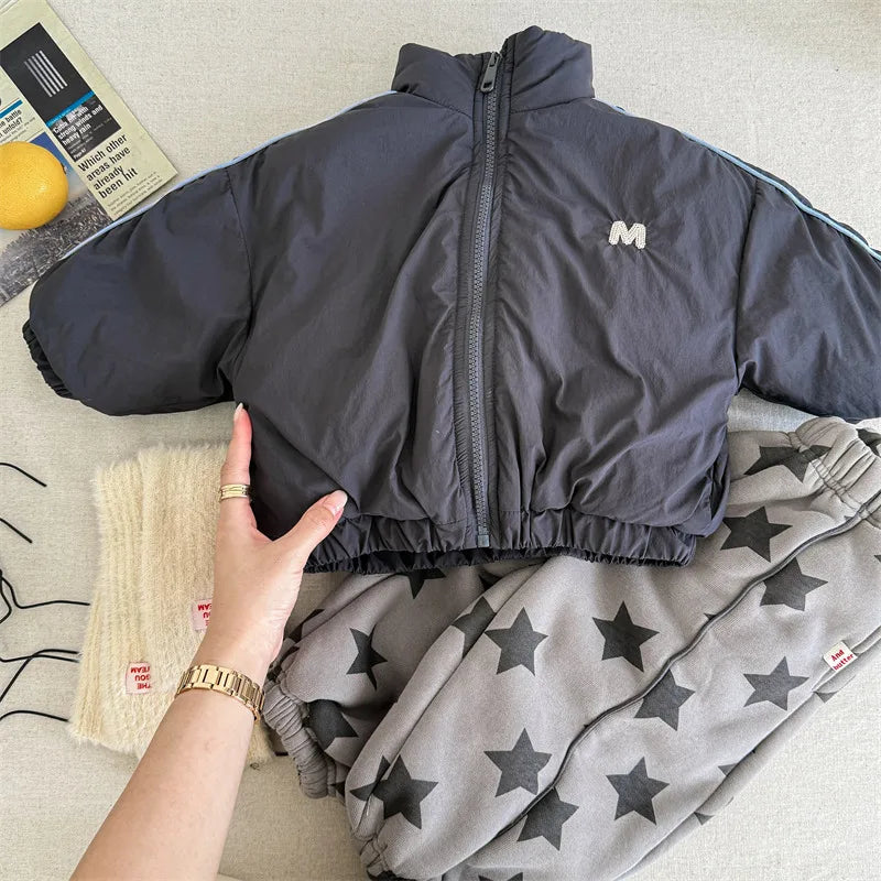 New Children Long Sleeve Warm Letter Coat Plus Velvet Thick Boys Down Jackets Baby Girls Padded Jacket Kids Clothes