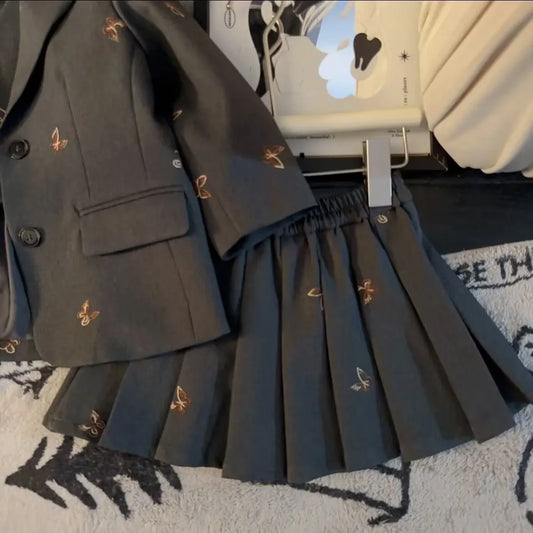 Girls suit set Embroidered Butterfly suit jacket Vest Pleated skirt 2/3pc baby girl clothes suit junior child outfits 2-13