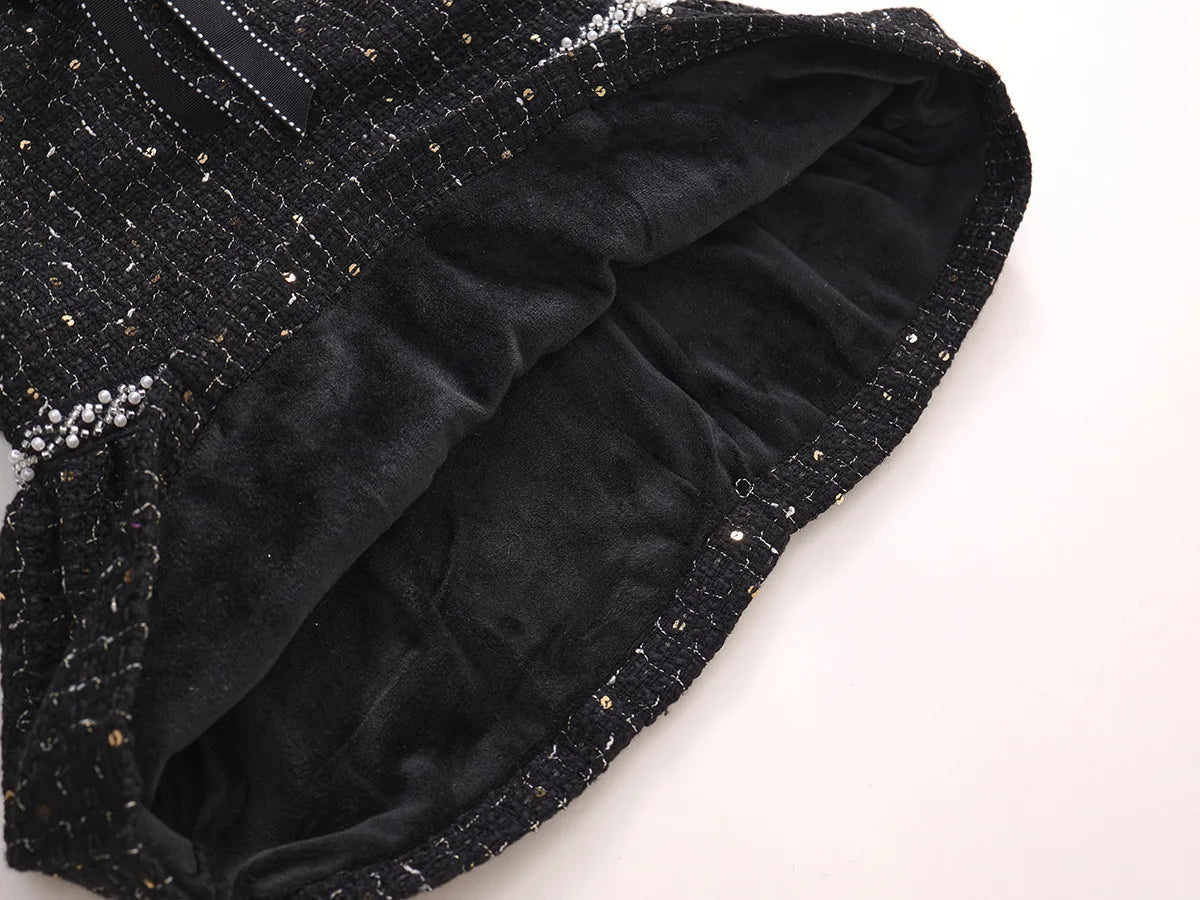 Autumn Girls' Coarse Tweed Sleeveless Vest Dress Winter Baby Black Elegant Rhinestone Hot Stamping Dress Kids Dresses for Girls