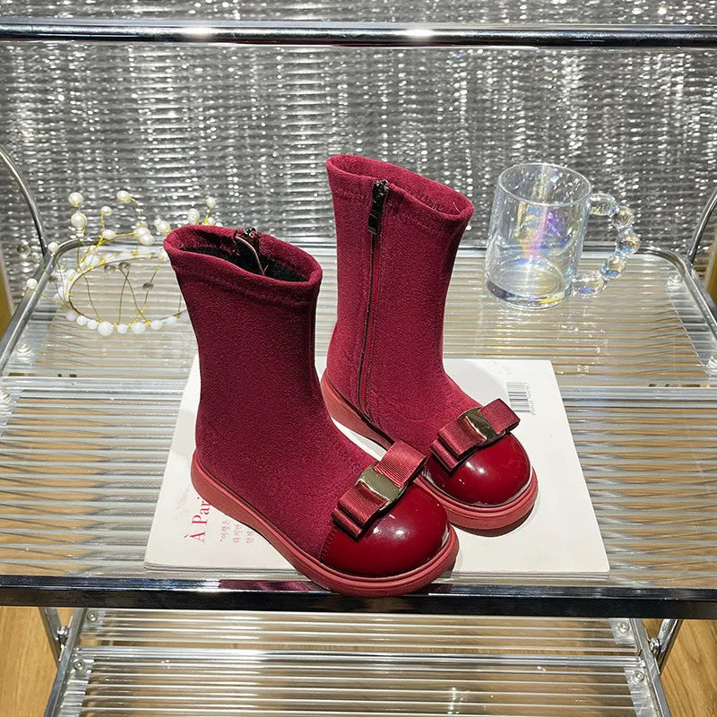 Girls Boots 2023 Winter Toddler Kids Fashion Chelsea Princess Middle Calf Boots Children Bowtie Shoes Brand Warm Fur Soft Sole