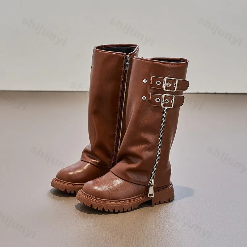 Children's Pu Leather Boots 2025 Autumn Comfortable Anti Slip Zipper Fashion Kids Knee Boots Girls Outdoor Buckle Princess Boots
