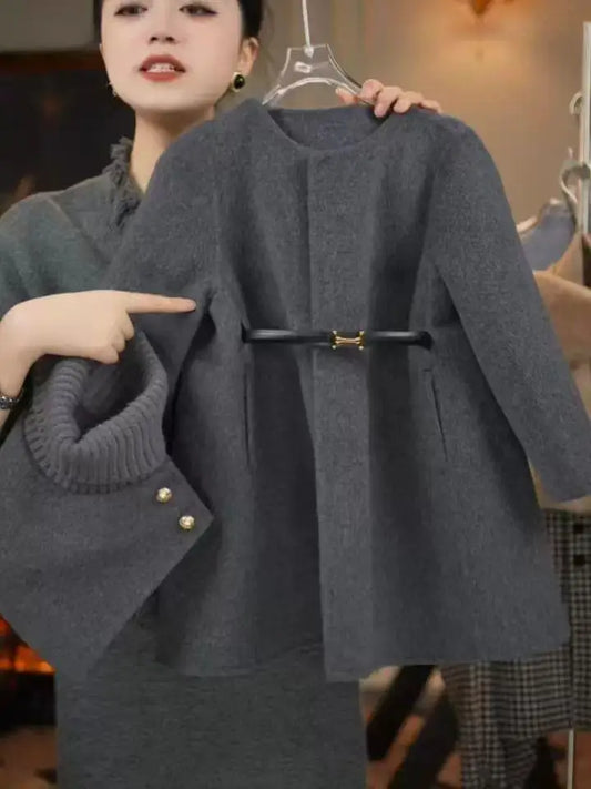 Cape+coat set thicken Plush Warm teen kids overcoat meisje Outerwear child clothes outerwear belt