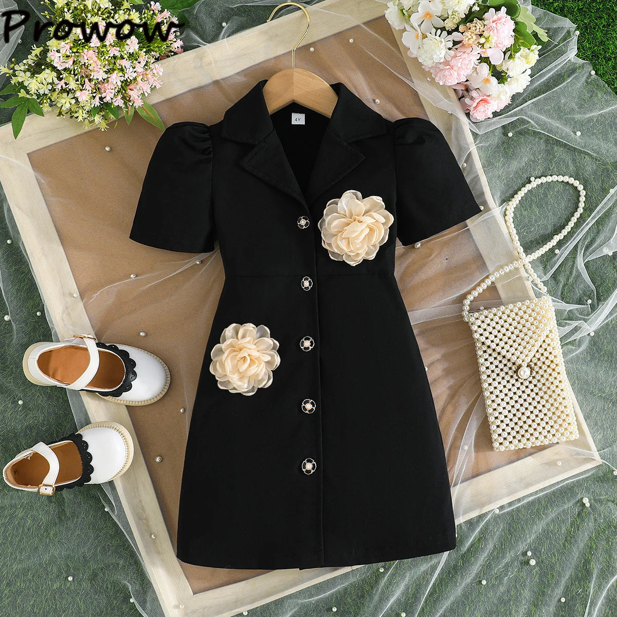 Children Blazer Dresses For Girls Short Sleeve Black Dress Front Applique Flower Fashion Dress For Kids Formal Clothes