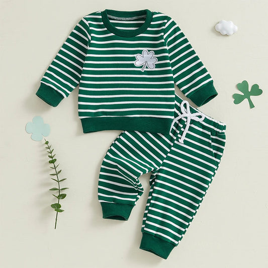 St. Patrick’s Day Kids Outfit – Green Shamrock Shirt & Pants Set