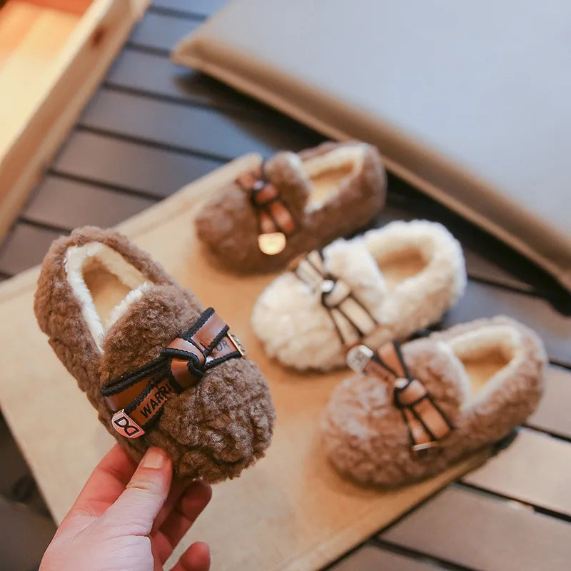 Girls' Plush Shoes Chic Warm Children's Moccasin with Simple Bow 2024 Autumn Winter New Girls' Princess Shoes Casual Soft Sole