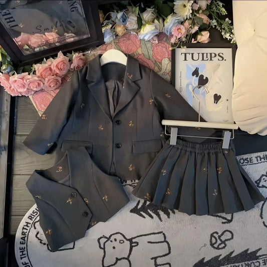 Girls suit set Embroidered Butterfly suit jacket Vest Pleated skirt 2/3pc baby girl clothes suit junior child outfits 2-13