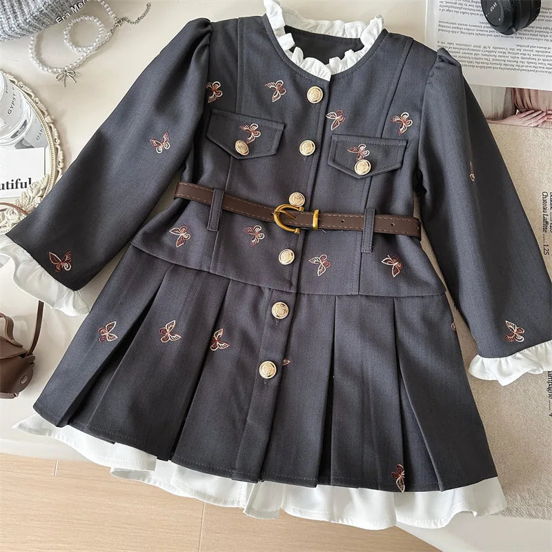 Girls Suit Set Embroidered Jacket Children's College Style Pleated Skirt Fashionable Two-piece Set