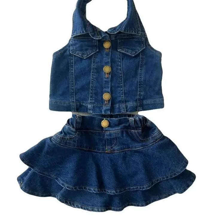 Girls Summer Clothes Cute Suit New Sleeveless Top Vest Fashionable Ruffle Edge Children's girl Short Skirt 2-pcs Set