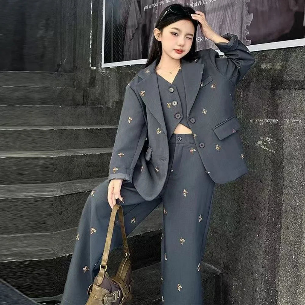 Girls Suit Fashion Butterfly Embroidery Blazers Trousers Vest 3-piece Spring School Kids Clothing Set Teen Child Formal Uniform