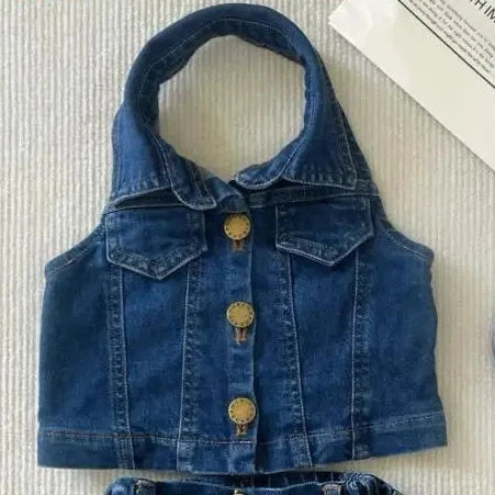 Girls Summer Clothes Cute Suit New Sleeveless Top Vest Fashionable Ruffle Edge Children's girl Short Skirt 2-pcs Set