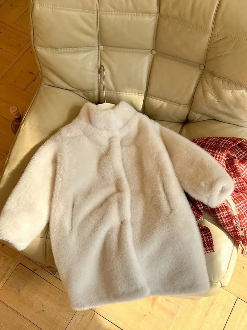 Cotton Thickened Warm Faux Fur Coat for Girls Children Baby Stand Up Collar Plush Cold Resistant Autumn and Winter Coat