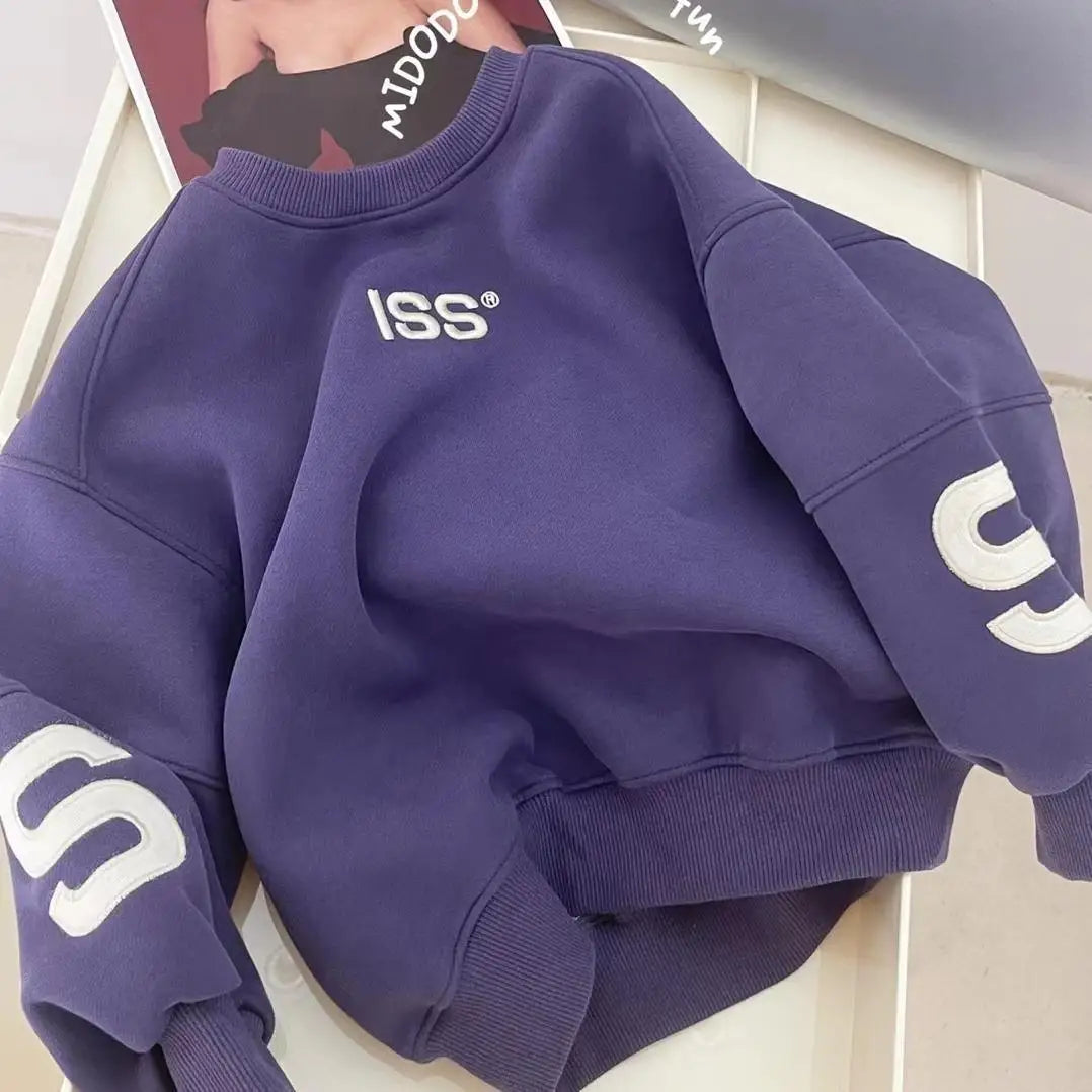 100-160CM Boys Winter Pullover Hoodie Casual Sweatshirt Korean Children's Loose and Plush Thick Top