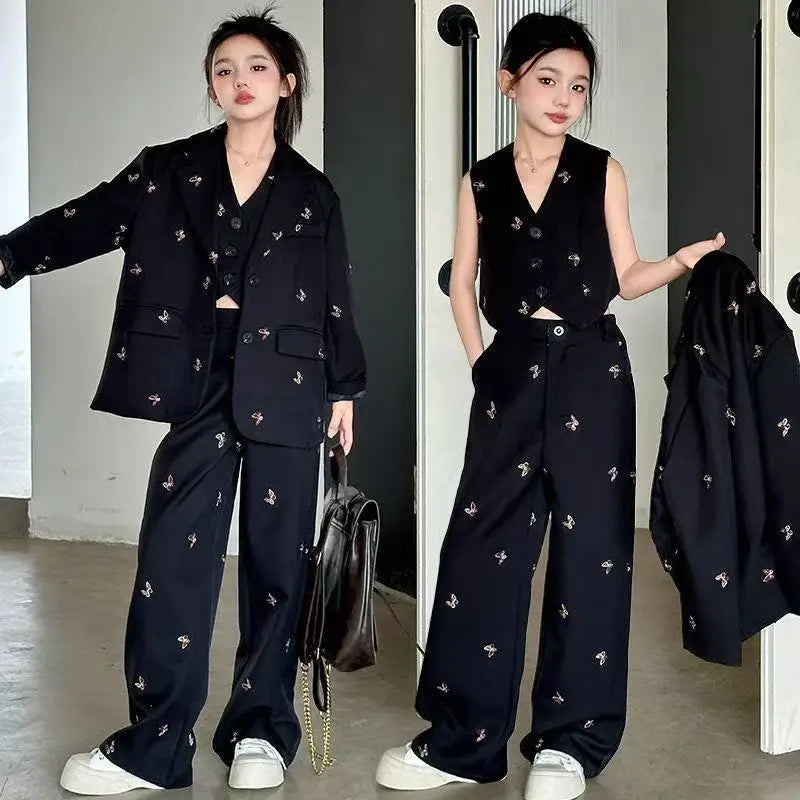 Girls Suit Fashion Butterfly Embroidery Blazers Trousers Vest 3-piece Spring School Kids Clothing Set Teen Child Formal Uniform