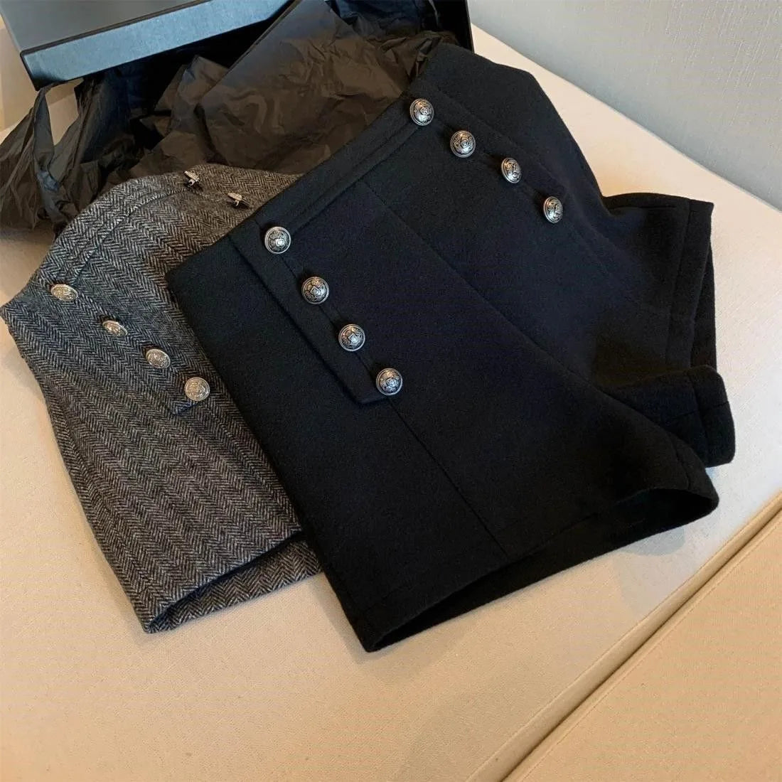 Girls Autumn and Winter New Retro Herringbone Woolen Shorts British Style Versatile Double Breasted Buttons Outerwear