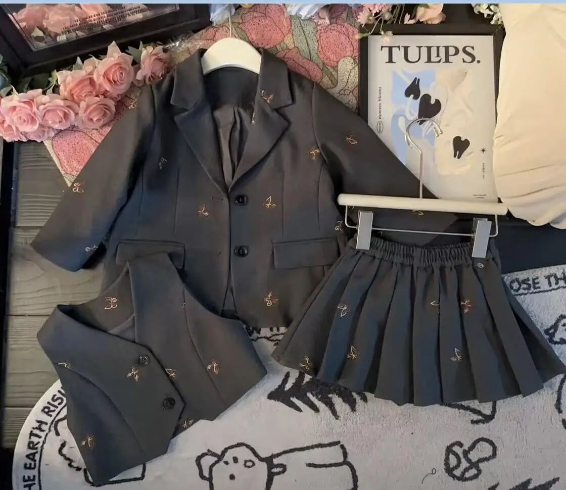 Girls suit set Embroidered Butterfly suit jacket Vest Pleated skirt 2/3pc baby girl clothes suit junior child outfits 2-13