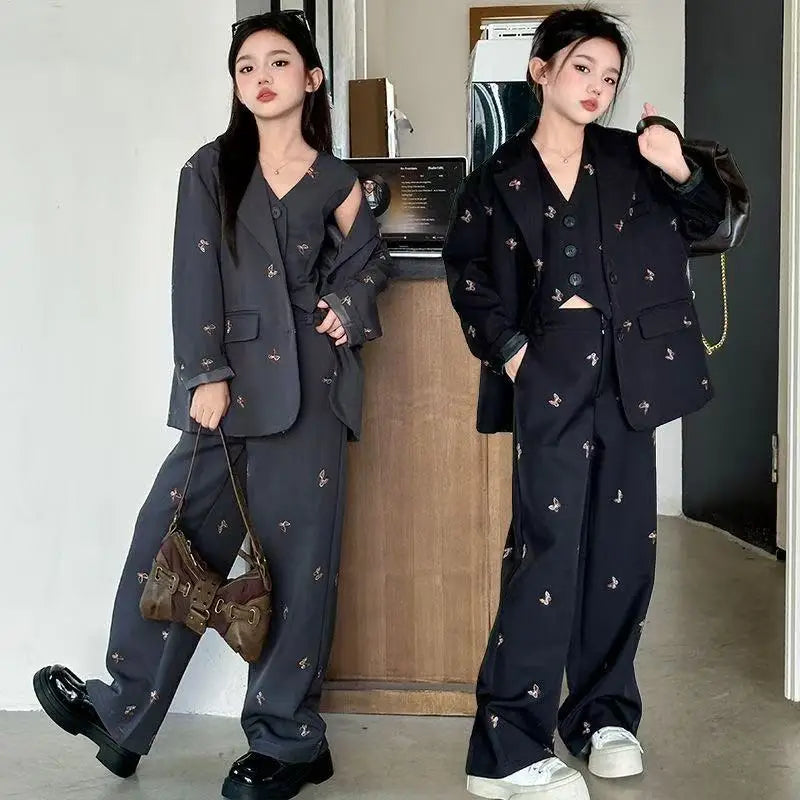 Girls Suit Fashion Butterfly Embroidery Blazers Trousers Vest 3-piece Spring School Kids Clothing Set Teen Child Formal Uniform