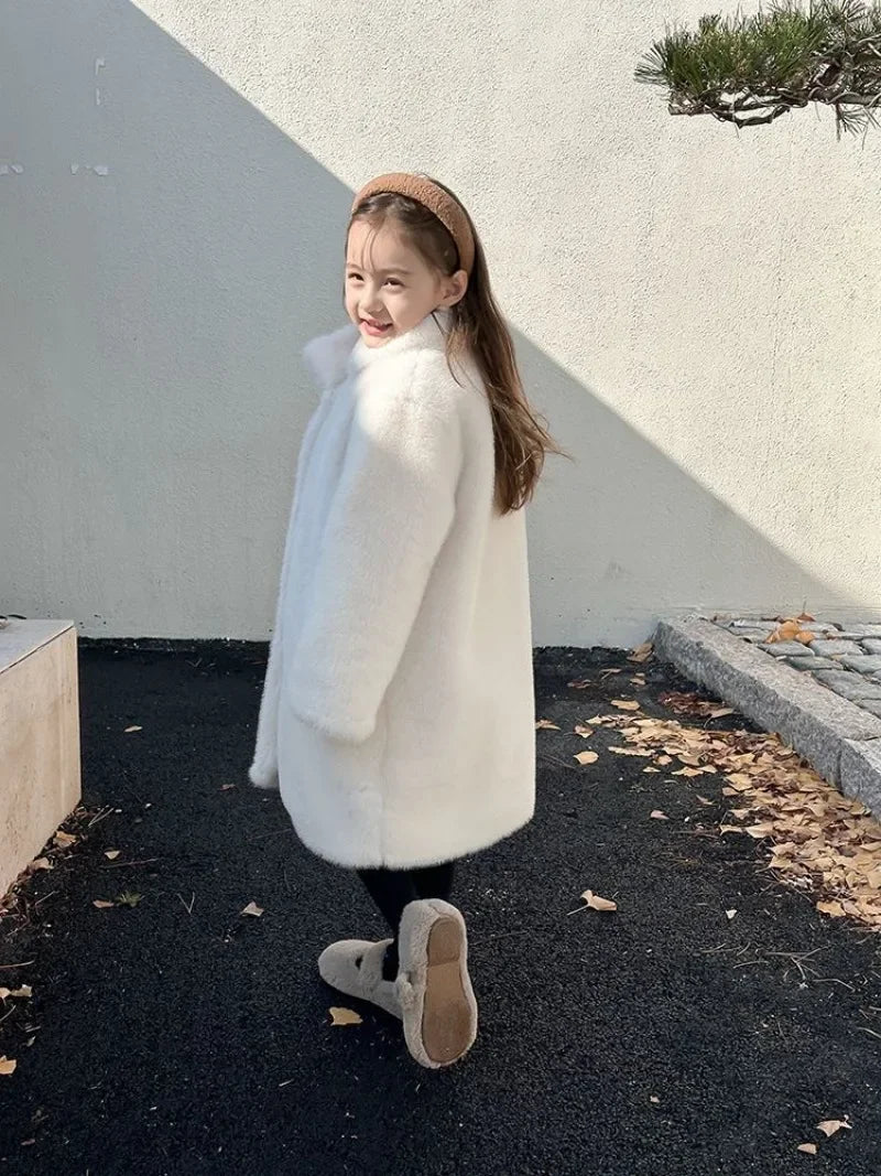 Cotton Thickened Warm Faux Fur Coat for Girls Children Baby Stand Up Collar Plush Cold Resistant Autumn and Winter Coat