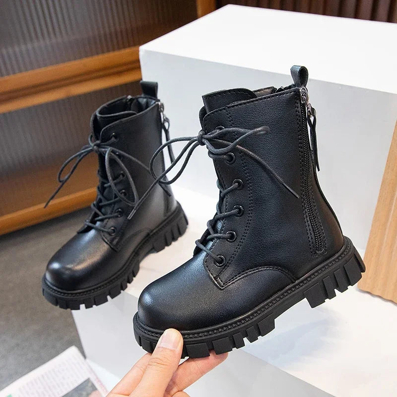 Girls Boots Simple Non-slip Back Zipper Spring Breathable Versatile Soft Autumn Winter Black Children Leather Boots