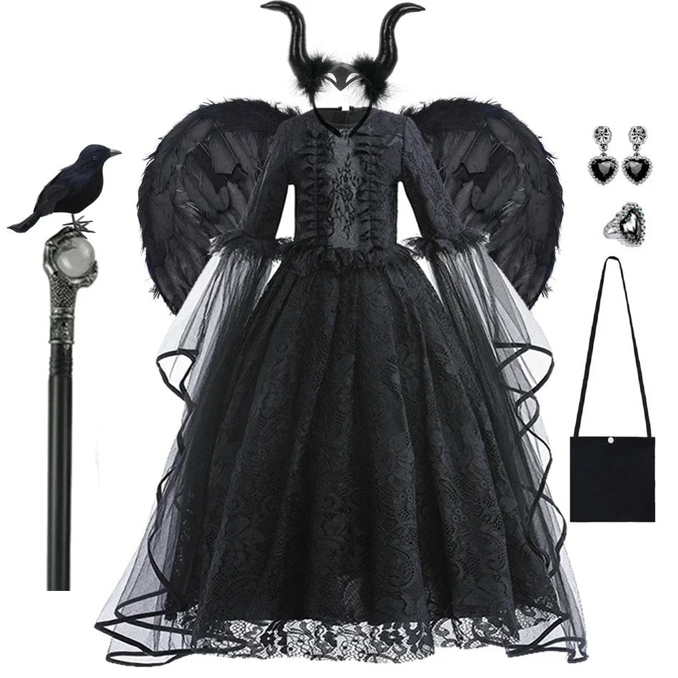 Black Witch Dress Maleficent Halloween Costume Dress Ghost Bride Dress Up Outfit Costume For Kids