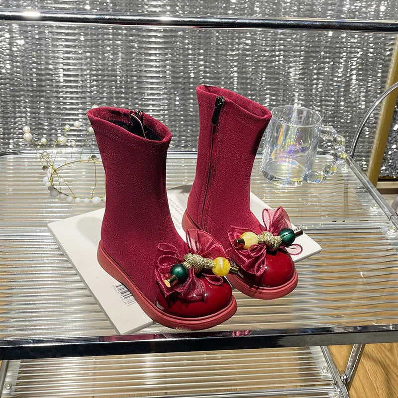 Girls Boots 2023 Winter Toddler Kids Fashion Chelsea Princess Middle Calf Boots Children Bowtie Shoes Brand Warm Fur Soft Sole