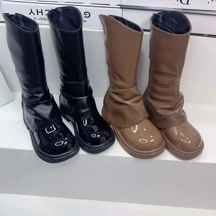 Fashion Patent Leather Long Boots for Girls Autumn Winter Back Zipper Kids Princess Boots Plush Warm Children Shoes