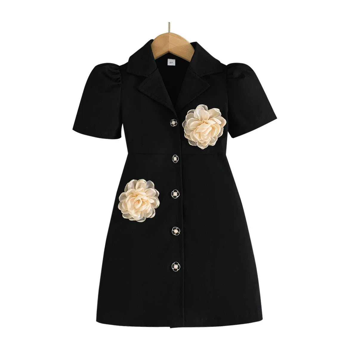 Children Blazer Dresses For Girls Short Sleeve Black Dress Front Applique Flower Fashion Dress For Kids Formal Clothes