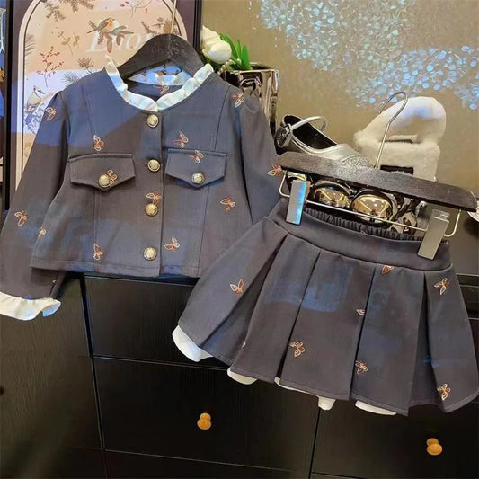 Girls Suit Set Embroidered Jacket Children's College Style Pleated Skirt Fashionable Two-piece Set