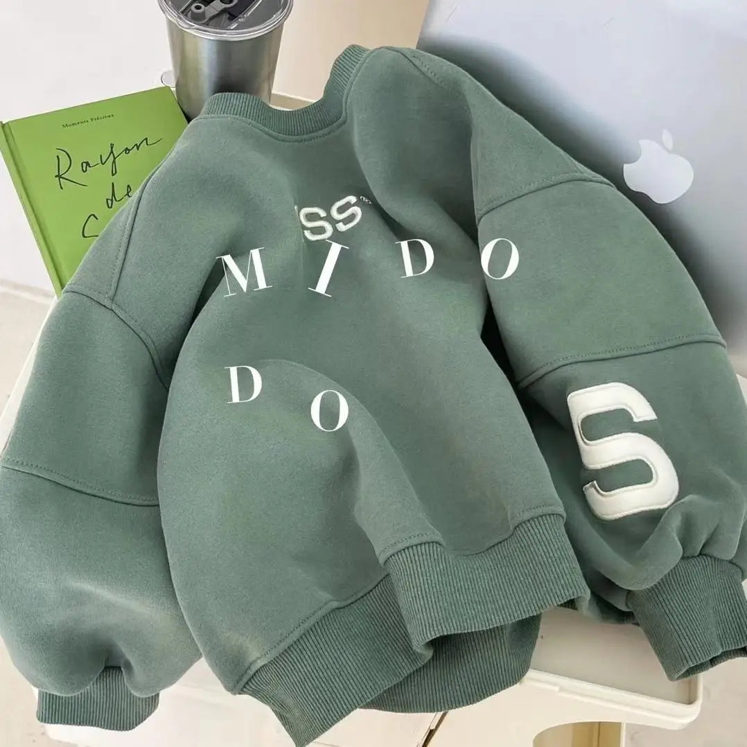 100-160CM Boys Winter Pullover Hoodie Casual Sweatshirt Korean Children's Loose and Plush Thick Top