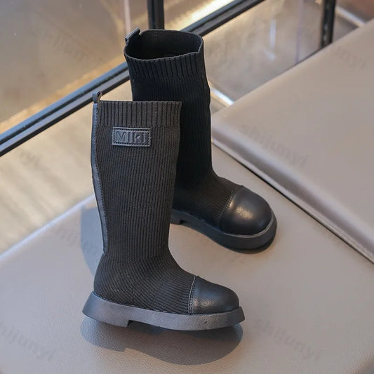 Children Knee Length Boots New 2025 Autumn Student Girls Princess Boots Kids Comfortable Non Slip Solid Color Knitted Long Boots