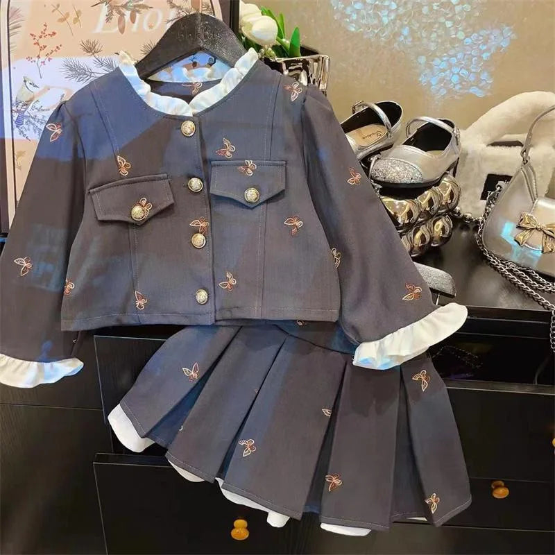 Girls Suit Set Embroidered Jacket Children's College Style Pleated Skirt Fashionable Two-piece Set