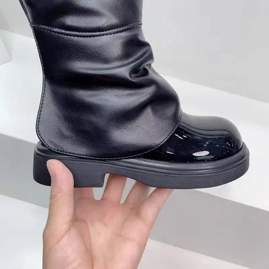Fashion Patent Leather Long Boots for Girls Autumn Winter Back Zipper Kids Princess Boots Plush Warm Children Shoes