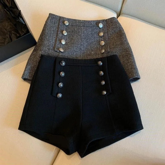 Girls Autumn and Winter New Retro Herringbone Woolen Shorts British Style Versatile Double Breasted Buttons Outerwear