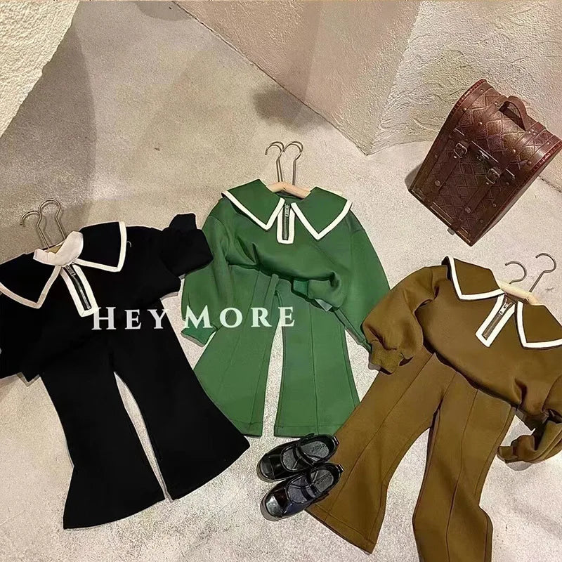 Girls 2-Piece Lapel Top & Wide Leg Pants Set – Kids Boutique Outfit 3–7Y