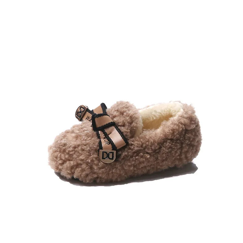 Girls' Plush Shoes Chic Warm Children's Moccasin with Simple Bow 2024 Autumn Winter New Girls' Princess Shoes Casual Soft Sole