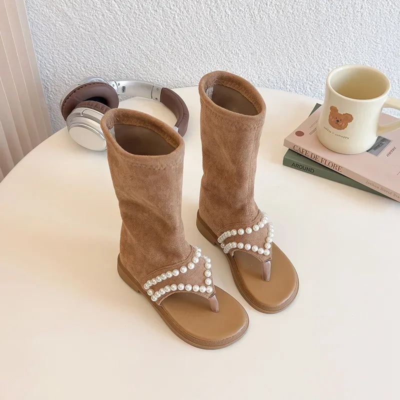 Children High-top Sandals for Girls Summer New Fashion Korean Style Soft Sole Non-slip Versatile Pearl Roman Princess Shoes
