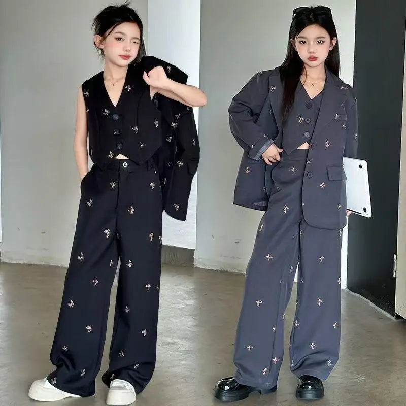 Girls Suit Fashion Butterfly Embroidery Blazers Trousers Vest 3-piece Spring School Kids Clothing Set Teen Child Formal Uniform