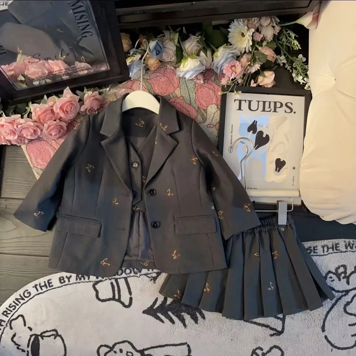 Girls suit set Embroidered Butterfly suit jacket Vest Pleated skirt 2/3pc baby girl clothes suit junior child outfits 2-13