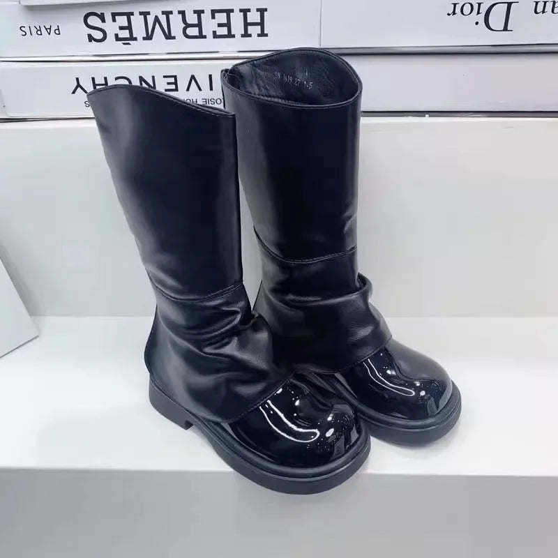 Fashion Patent Leather Long Boots for Girls Autumn Winter Back Zipper Kids Princess Boots Plush Warm Children Shoes