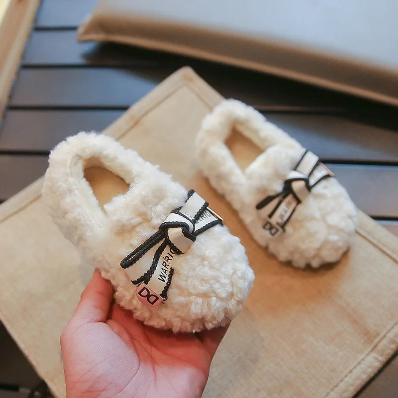 Girls' Plush Shoes Chic Warm Children's Moccasin with Simple Bow 2024 Autumn Winter New Girls' Princess Shoes Casual Soft Sole