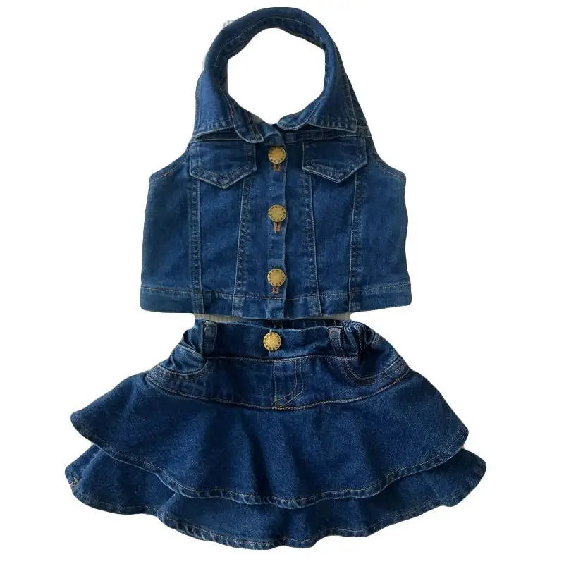 Girls Summer Clothes Cute Suit New Sleeveless Top Vest Fashionable Ruffle Edge Children's girl Short Skirt 2-pcs Set