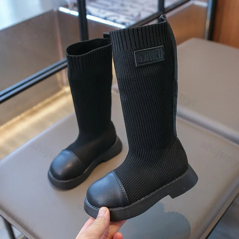 Children Knee Length Boots New 2025 Autumn Student Girls Princess Boots Kids Comfortable Non Slip Solid Color Knitted Long Boots