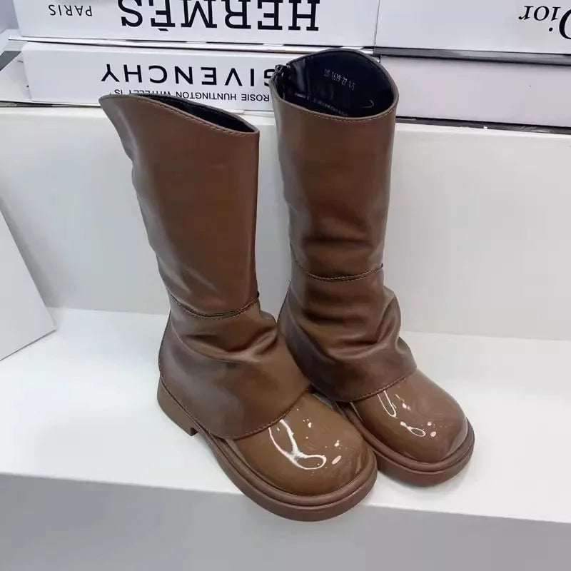 Fashion Patent Leather Long Boots for Girls Autumn Winter Back Zipper Kids Princess Boots Plush Warm Children Shoes