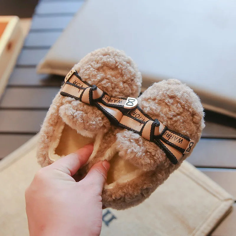 Girls' Plush Shoes Chic Warm Children's Moccasin with Simple Bow 2024 Autumn Winter New Girls' Princess Shoes Casual Soft Sole