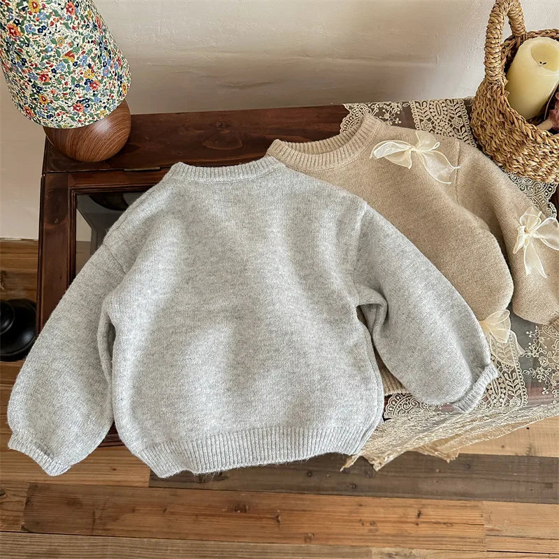 Girls Solid Color Sweaters Cute Bow Children Clothing Autumn Winter Baby Kids Sweet Princess Knitted Sweater