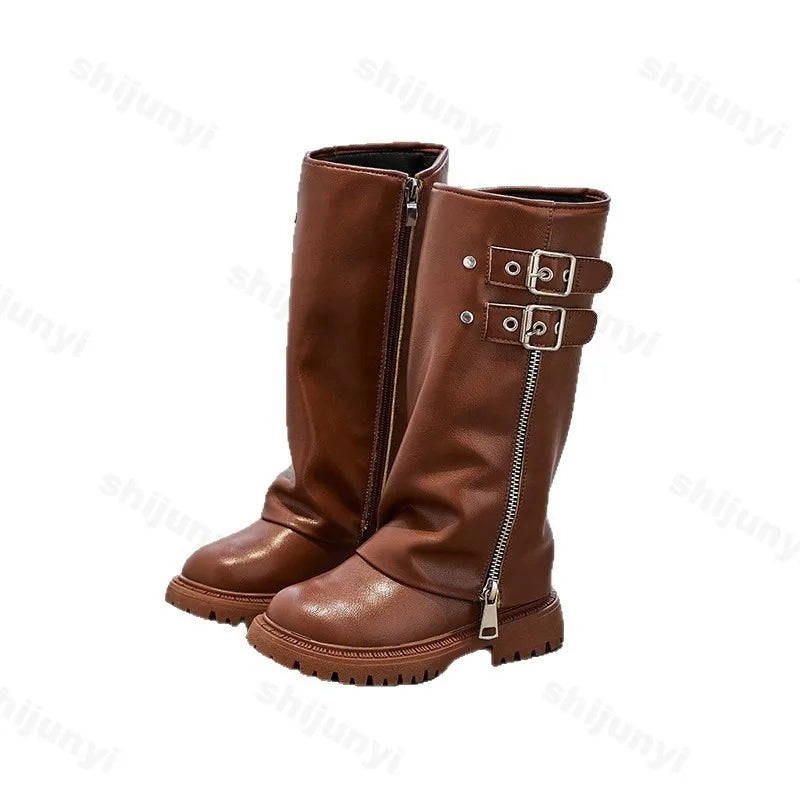 Children's Pu Leather Boots 2025 Autumn Comfortable Anti Slip Zipper Fashion Kids Knee Boots Girls Outdoor Buckle Princess Boots